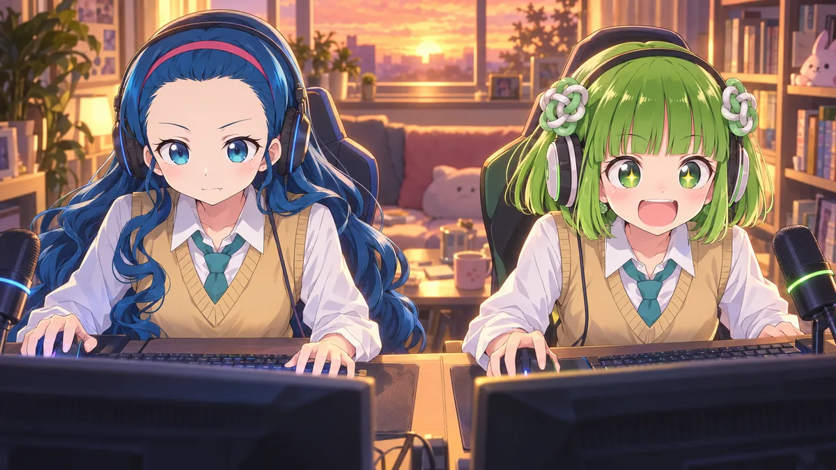 ゲームを遊ぶエミとチャピ子のイラスト